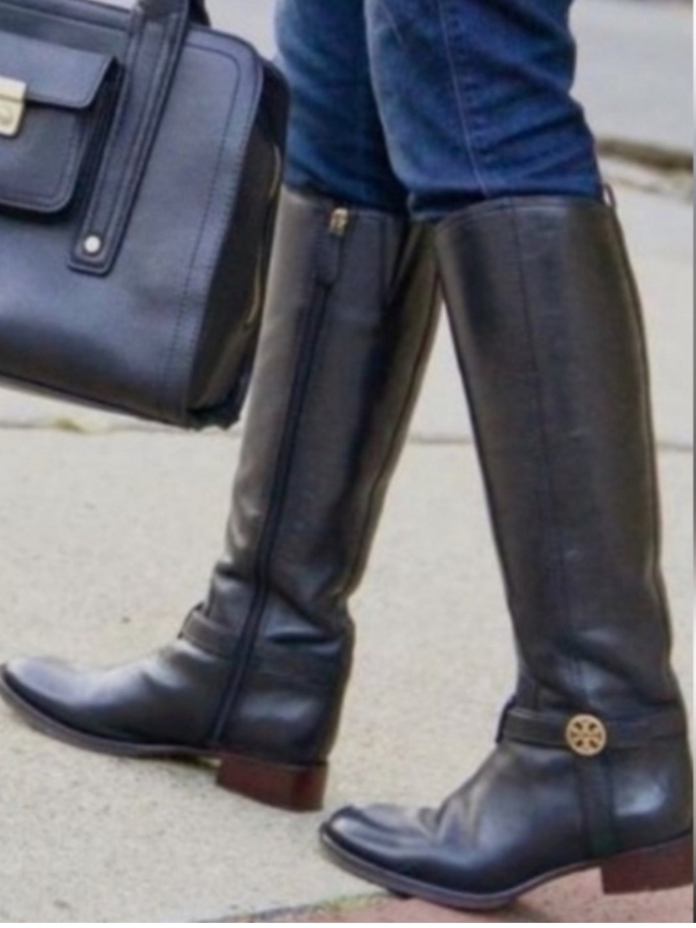 Tory Burch Black Brazilian Leather Gold Logo Equestrian Minimalist 90s Boot 8